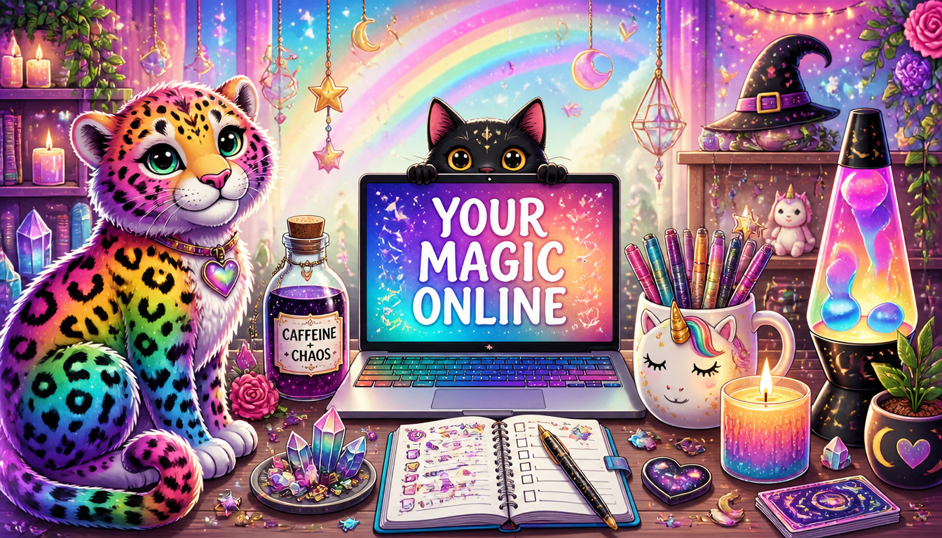 A magical desk with a laptop, rainbow leopard, crystals, candles, and a black cat